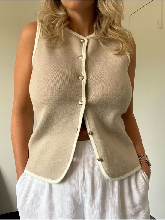 Abercrombie & Fitch Tops - Abercrombie & Fitch Beige Knit Button-Front Vest with White Trim (Gold Hardware)